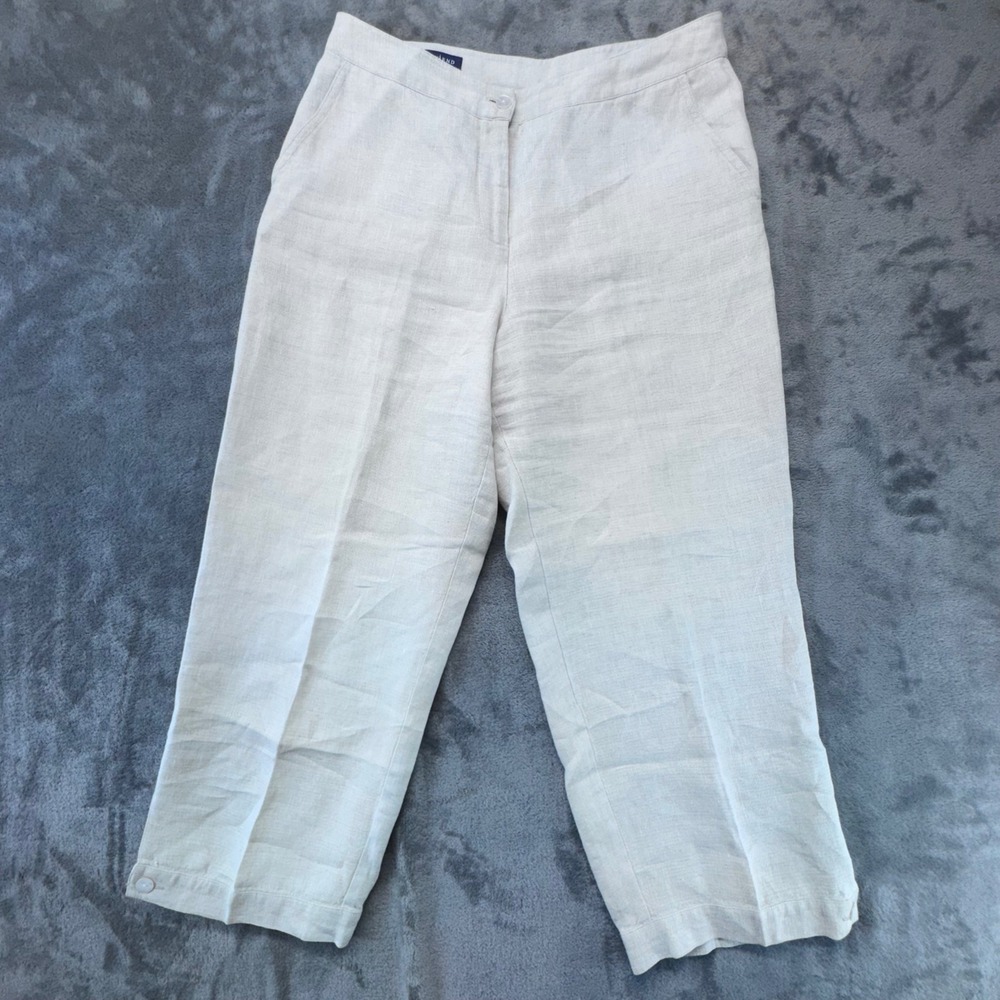 Lands' End Linen Cropped Pants Button Detail High Waist Beige‎ Size 10
